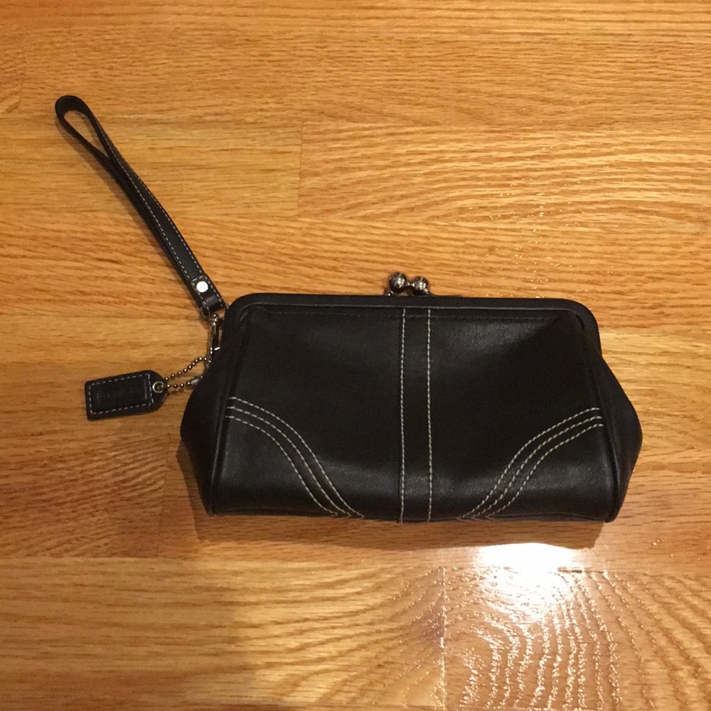 Coach Black Leather Wristlet w/ Contrast Stitching